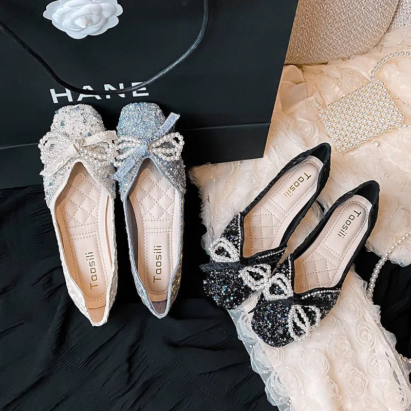 Women's square toe flat shoes with rhinestone and pearl embellishments in solid colour, low top design