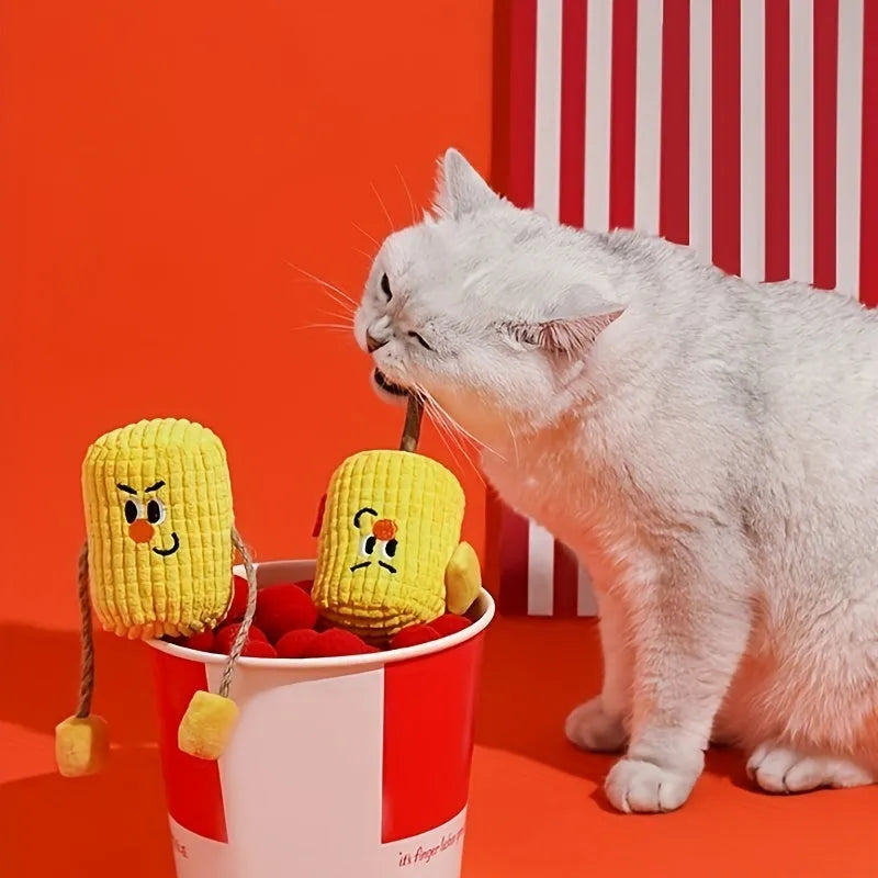 Corn cob shaped cat toy made from natural polio wood with catnip infusion for dental cleaning