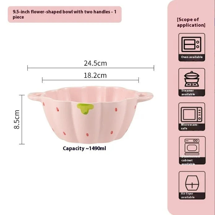 Cute strawberry-themed porcelain dinnerware set with flower bowl, straw hat plate, disc, and twist spoon.