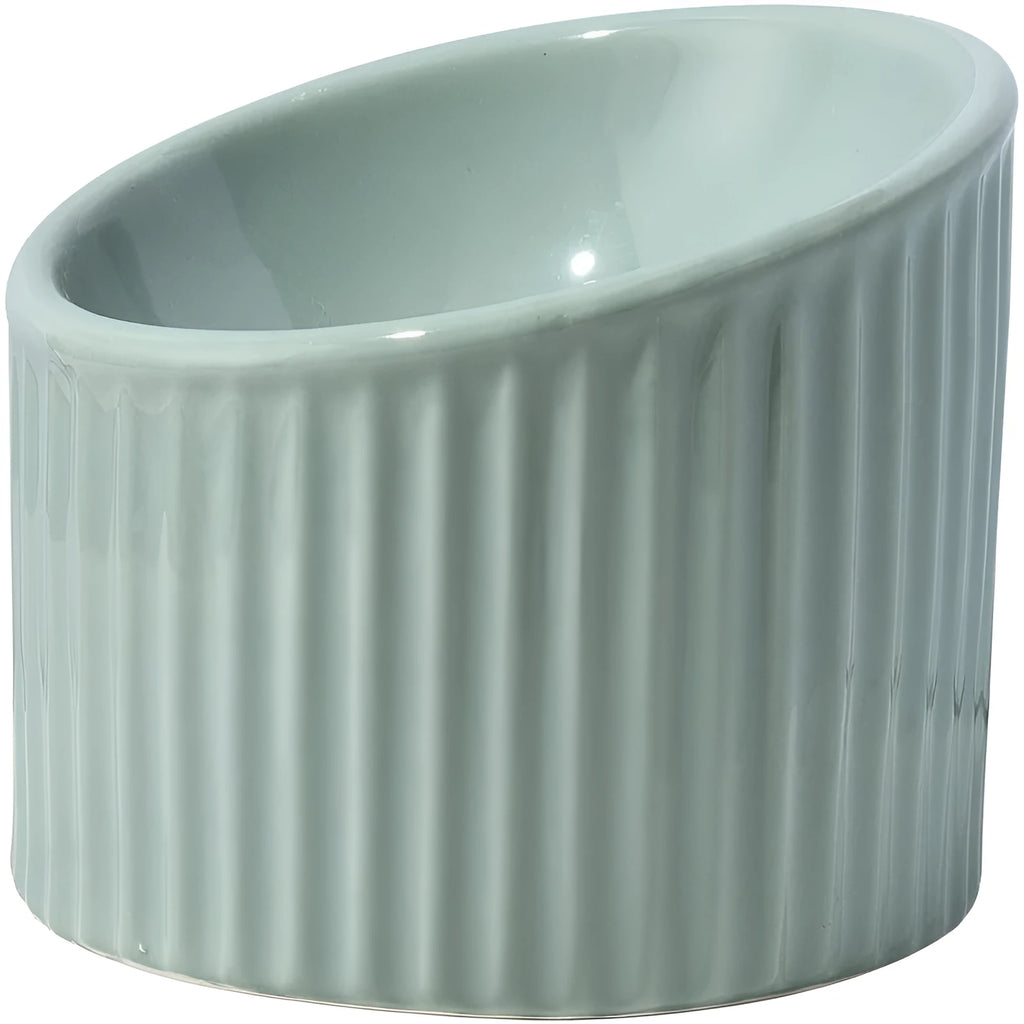 Ceramic elevated cat bowl in light green, showing its tilted, round shape and raised design on a table.