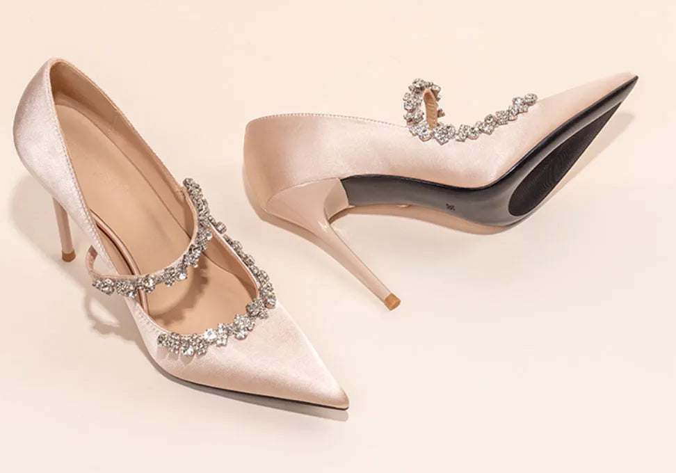 Nude slip-on high heels with rhinestone decorations, satin upper, sheepskin lining, 8CM heel height