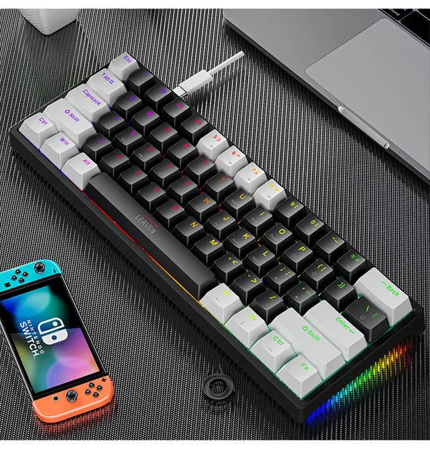 61-key blue switch mechanical keyboard with seven-color backlight, compact ABS build, Type-C wired connection