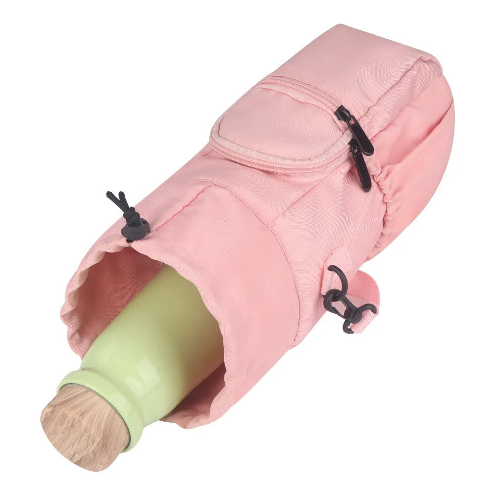 Cloth crossbody water bottle shoulder pouch in black, green, or pink colour.