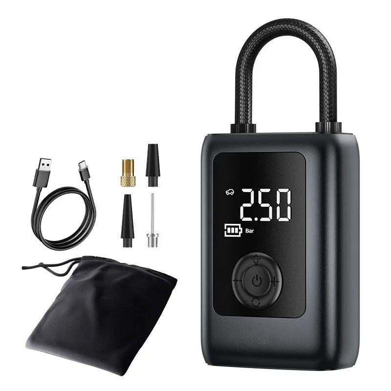 Car portable electric gas filling bag in ABS material with 12V cord, tyre pressure gauge, and LED light on a dark road surface