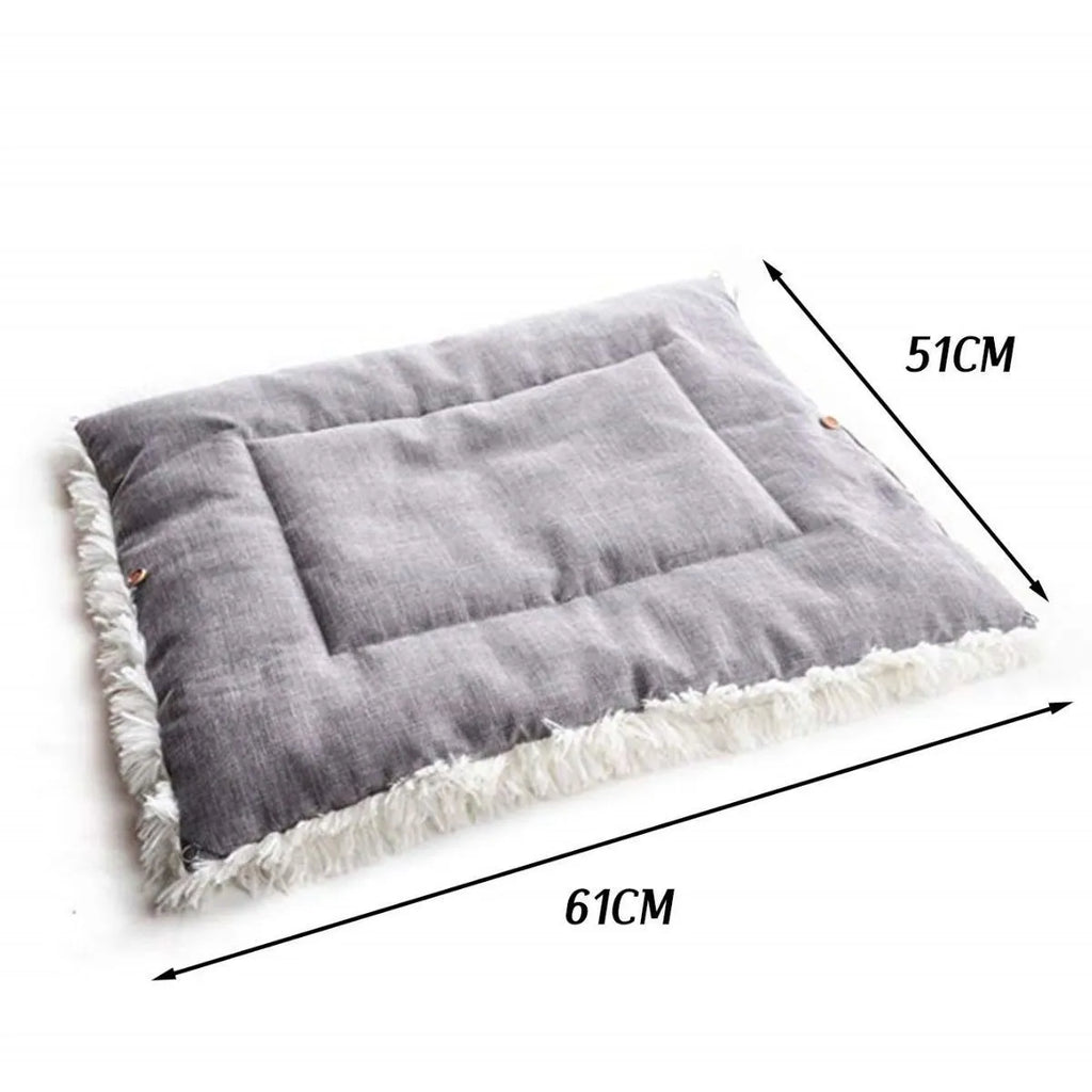 Grey pet warm pad with long plush hair and black non-slip bottom for cats and dogs