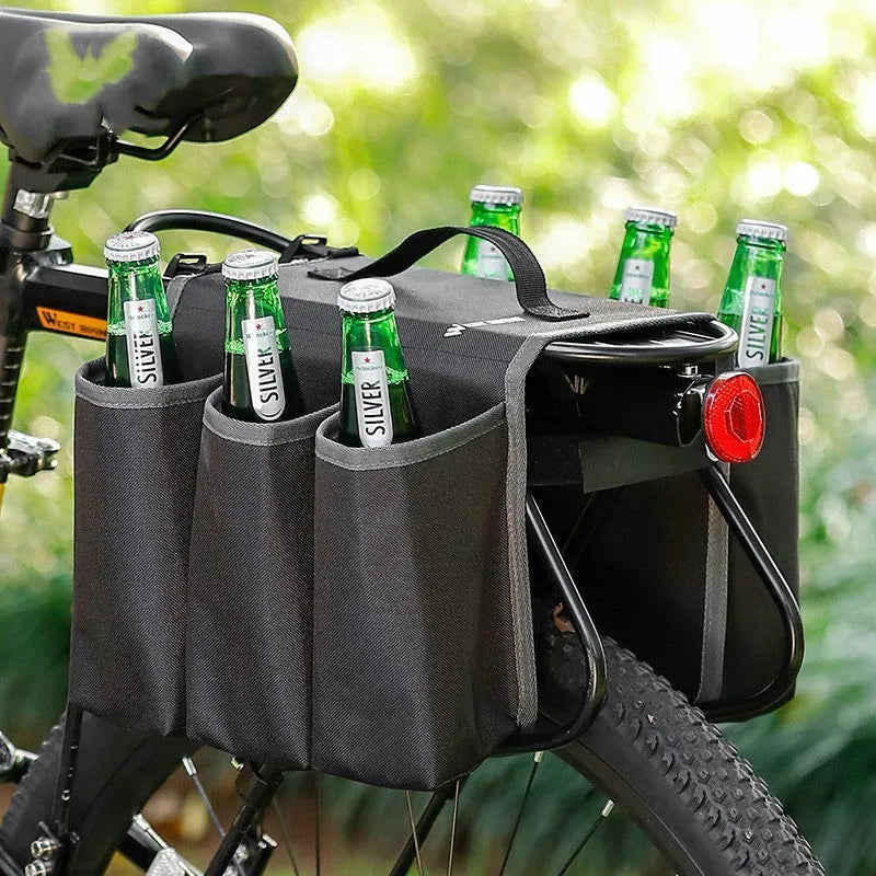 Black and orange bicycle double-sided drink shelf bag mounted on bike rack with 2 litre capacity