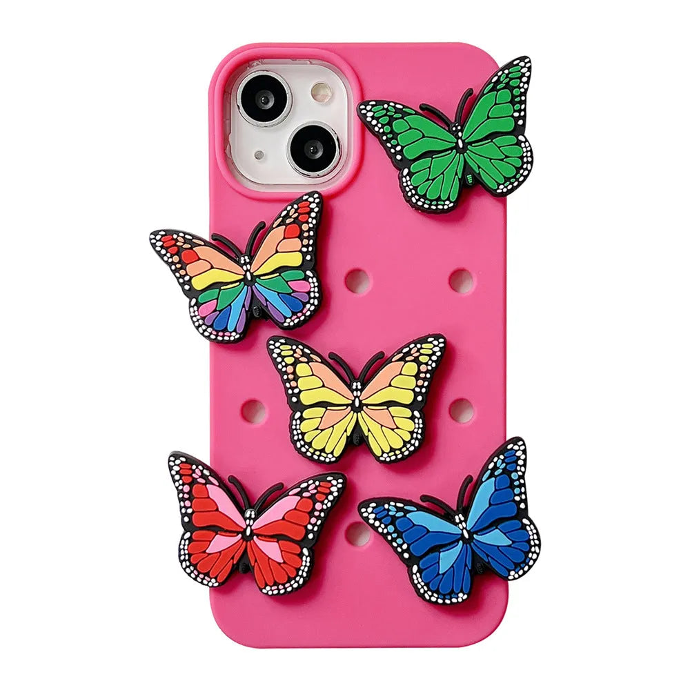 Three-dimensional colorized butterfly silicone phone case for Apple iPhone, black, engraved design