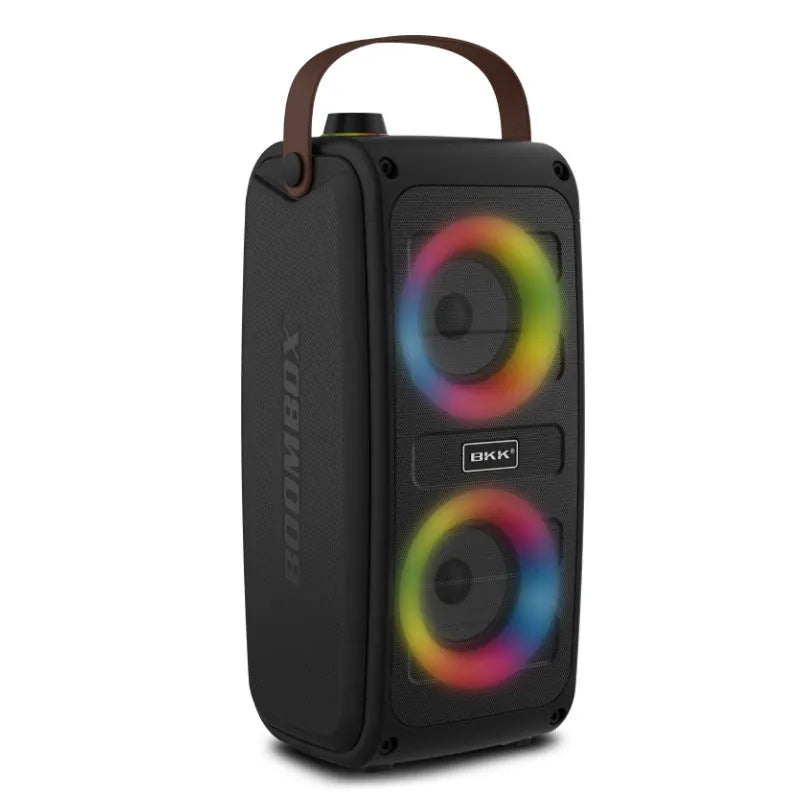 Portable Bluetooth speaker with colour light and radio in black plastic casing with button controls