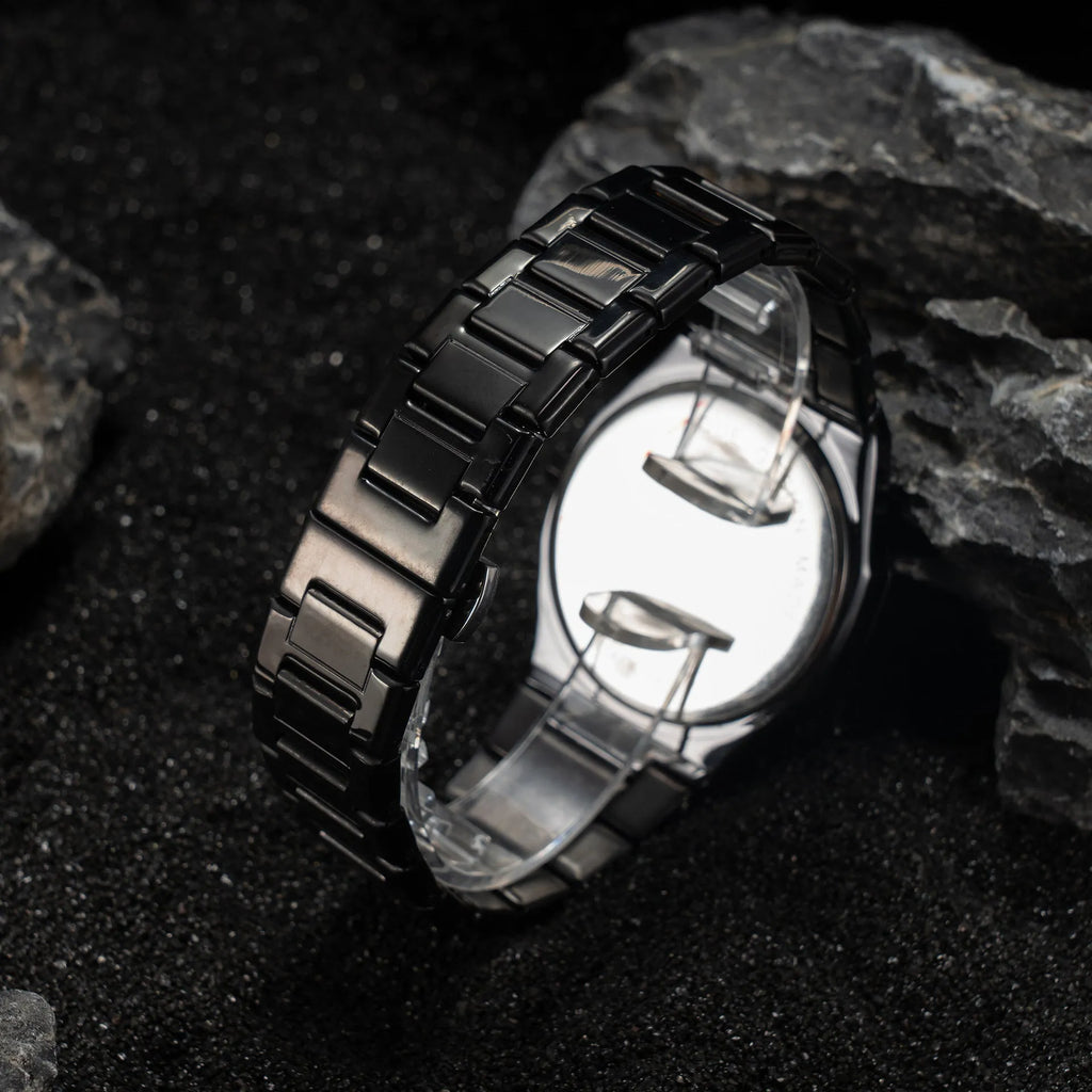 Men's steel band quartz watch with business styling in black, silver, and black silver colour options