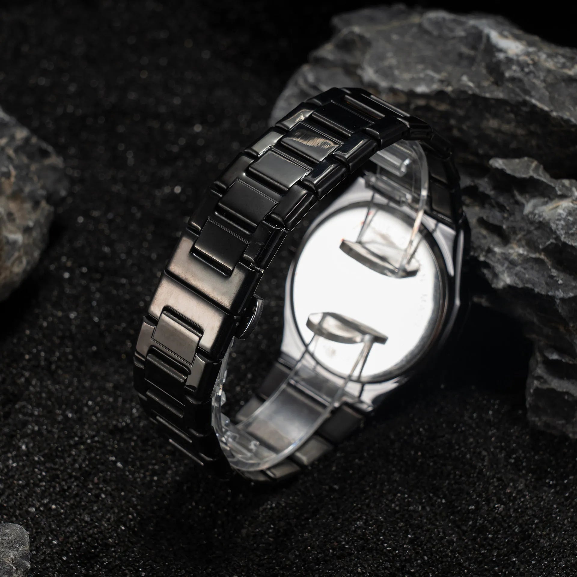 Men's steel band quartz watch with business styling in black, silver, and black silver colour options