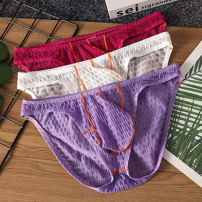 Men's low waist lace briefs in solid colour with ice silk fabric available in multiple sizes