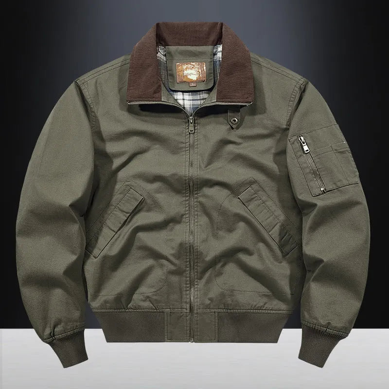 Men's plus size washed cotton baseball jacket shown in available colours