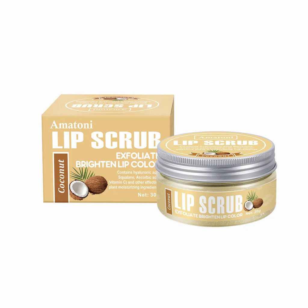 Amatoni Lip Scrub jar in 30g size with Coconut, Raspberry, Vanilla, or Watermelon flavour options.