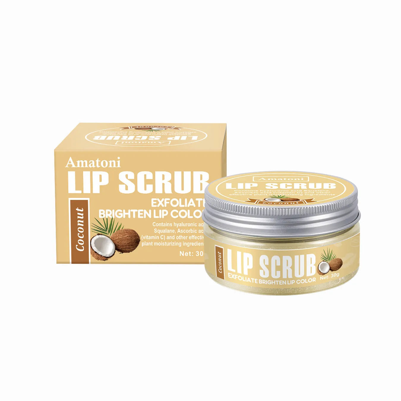 Amatoni Lip Scrub jar in 30g size with Coconut, Raspberry, Vanilla, or Watermelon flavour options.