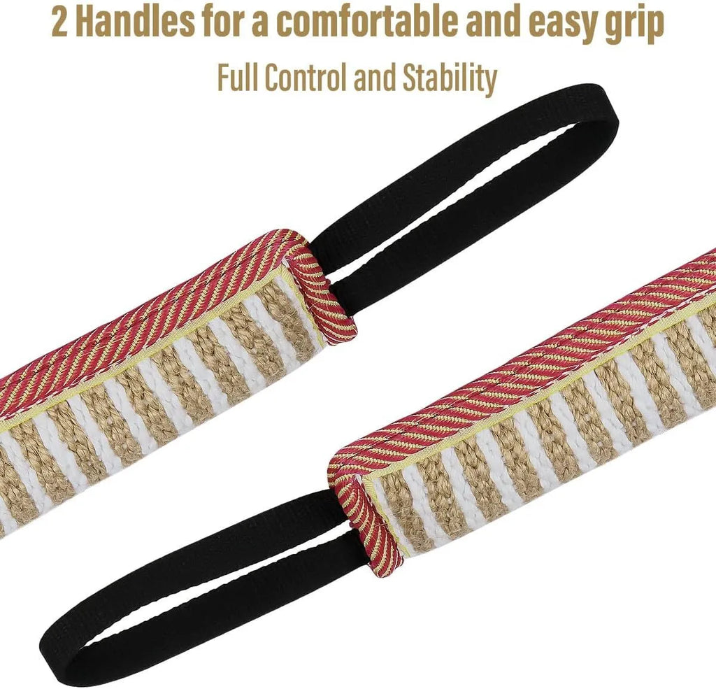 Beige and pink jute dog tug toy with two handles for training small medium dogs