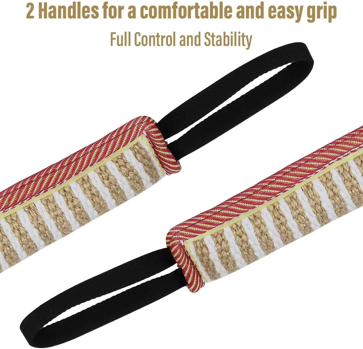 Beige and pink jute dog tug toy with two handles for training small medium dogs