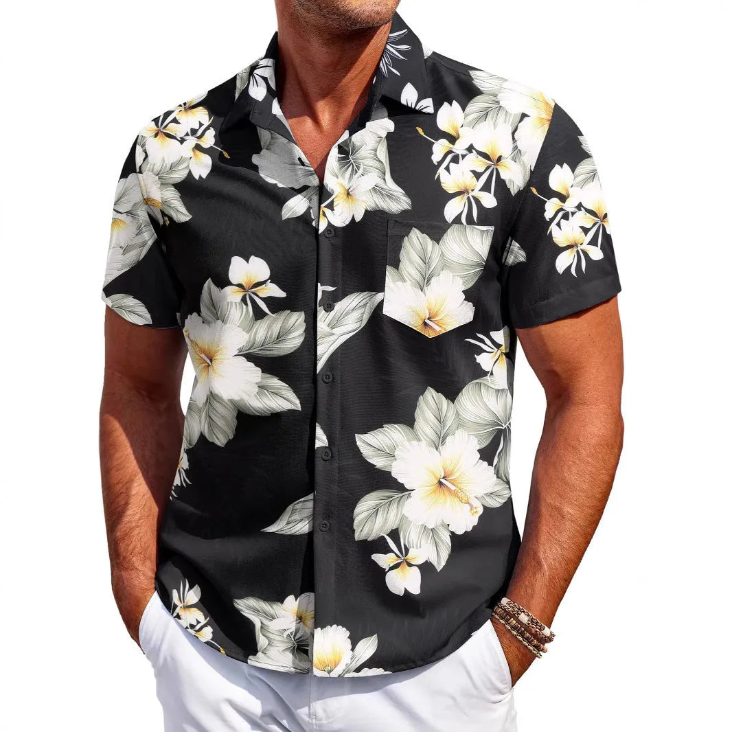 Man wearing a slim fit short sleeve Hawaiian shirt in a solid colour