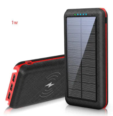 Black wireless power bank with Qi charging pad, three USB ports, and LED flashlight showing capacity display.
