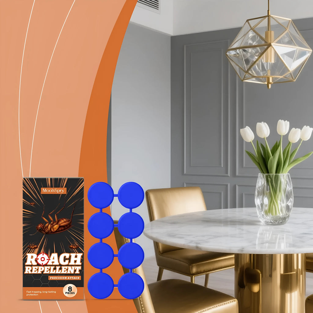 Eight cockroach bait formula stickers with adhesive backing for indoor kitchen pest control