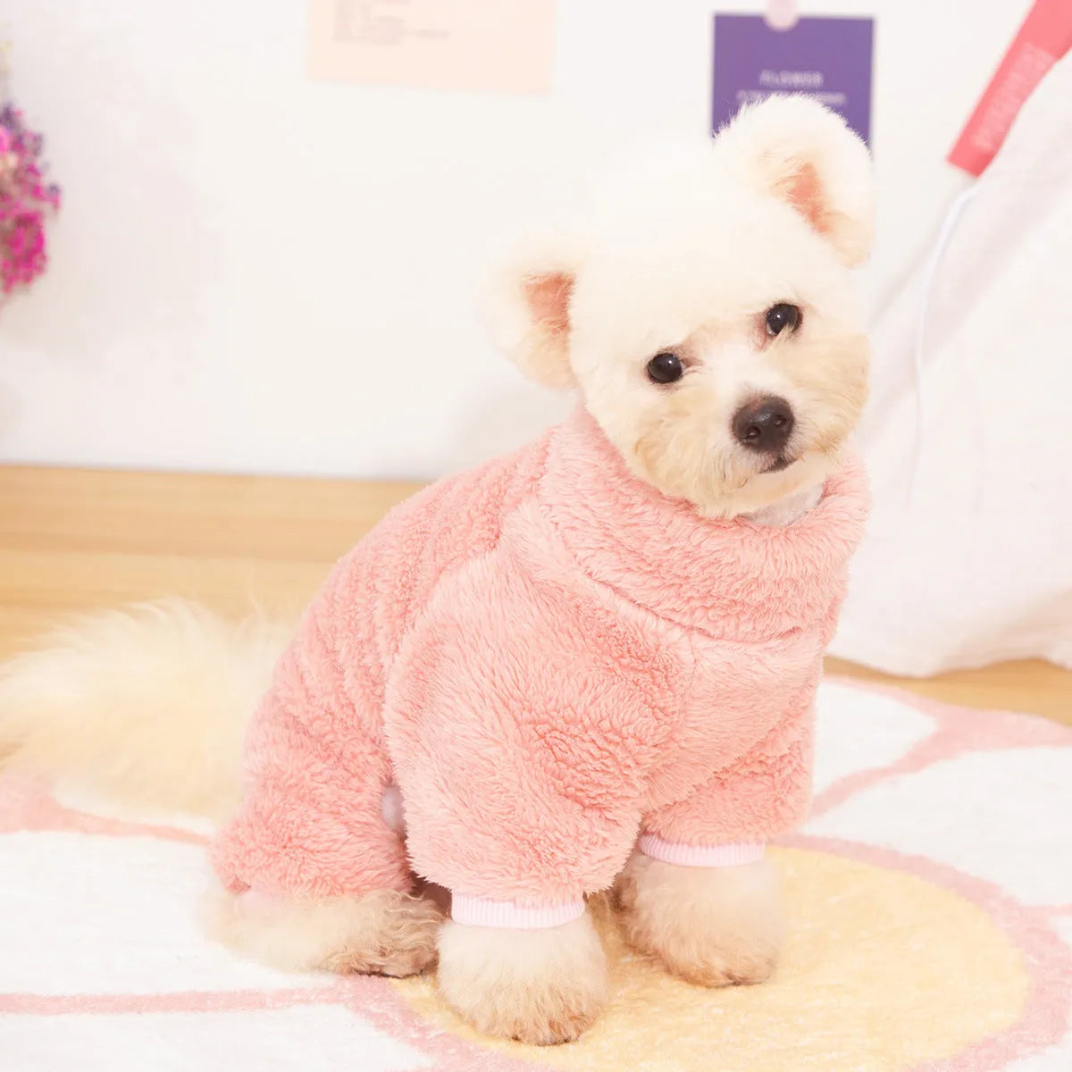 Four-legged dog clothing in blue with high collar and thick double-sided plush material for autumn and winter wear