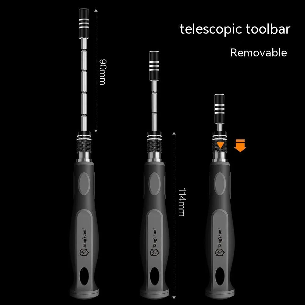 32-in-1 screwdriver set with 30 bits in a black plastic case, dimensions 130x75x37mm.