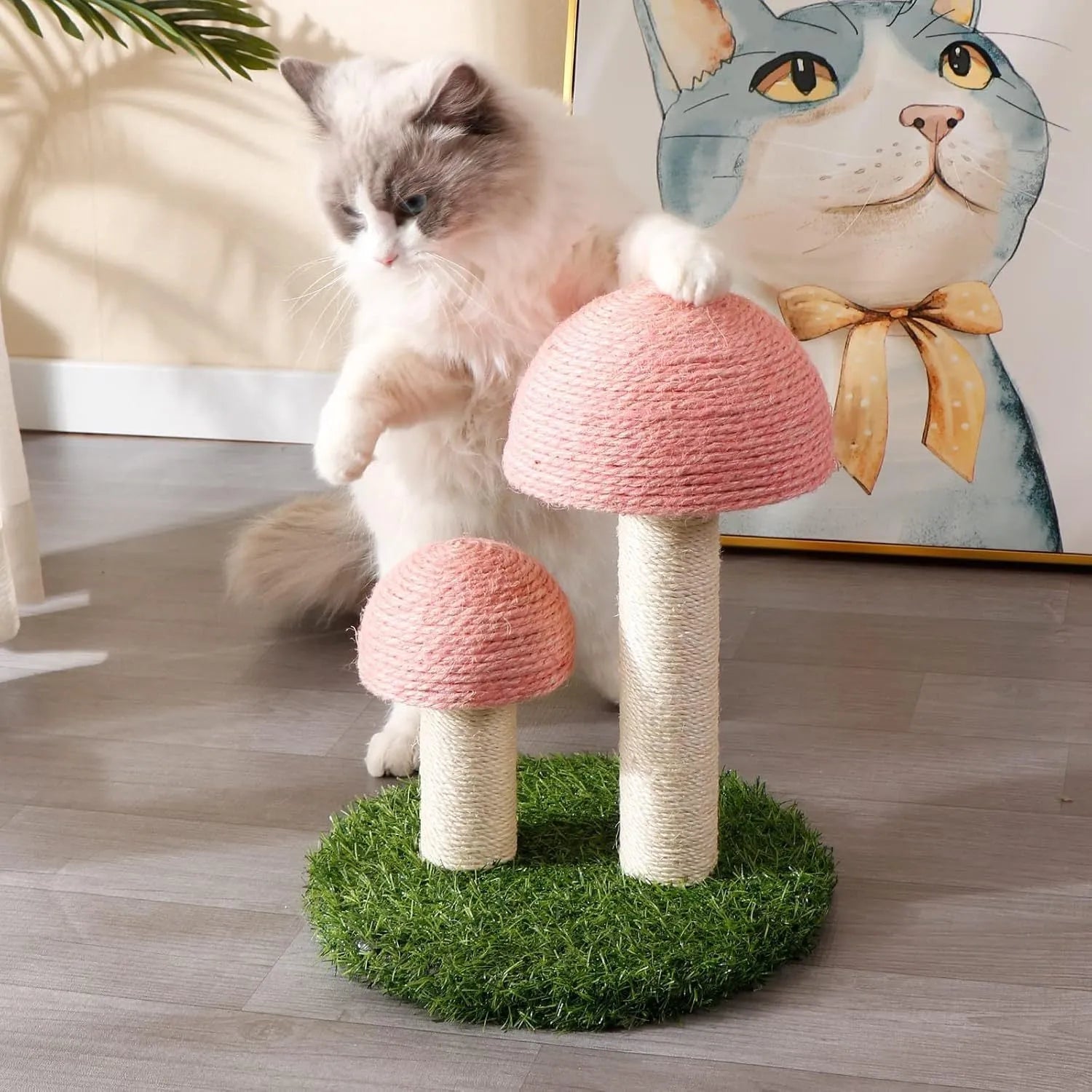 Pink mushroom-shaped cat scratching post with natural sisal caps for small cats