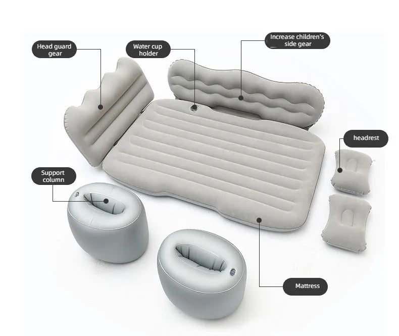 Inflatable car bed with split design, thickened high-density flocking fabric, in black colour