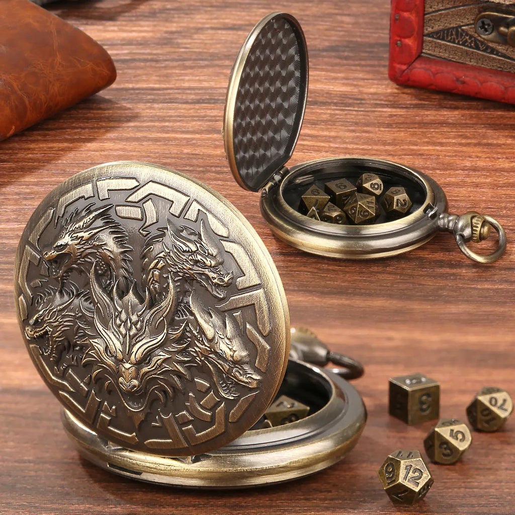 Steampunk pocket watch shaped dice set open revealing 7 polyhedral dice in zinc alloy bronze finish on dark background