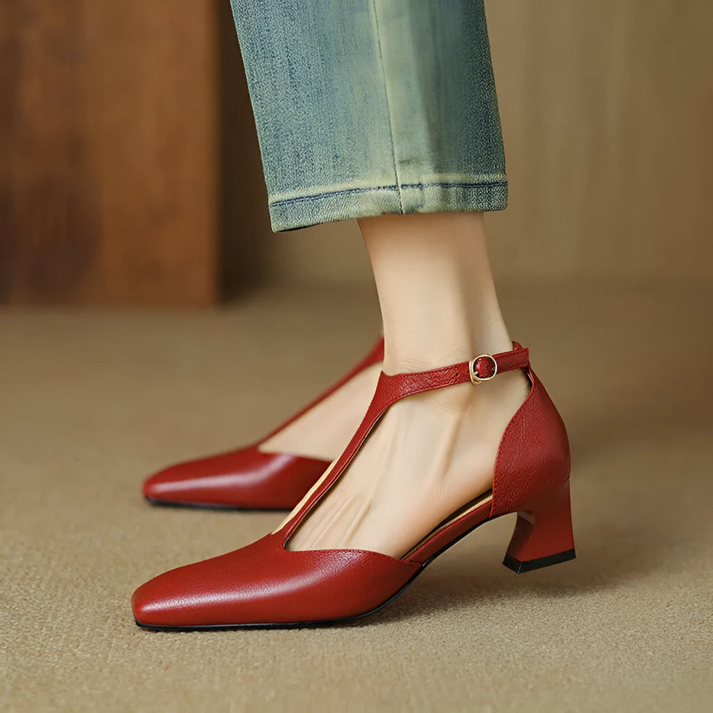 Wine red women's retro square toe buckle heels with a chunky block heel made from sheepskin leather.