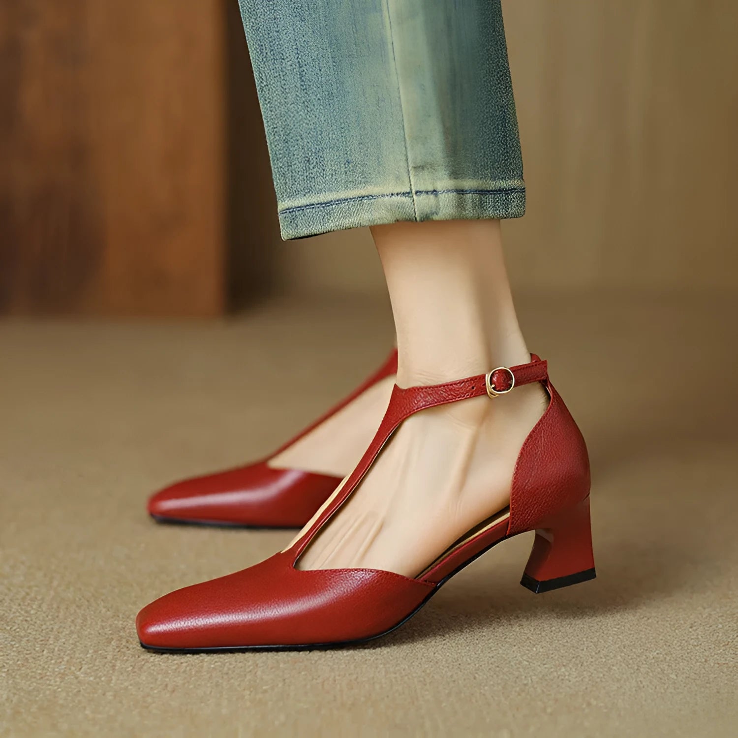 Wine red women's retro square toe buckle heels with a chunky block heel made from sheepskin leather.