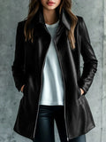 Black women's leather jacket medium length 65cm with long sleeves