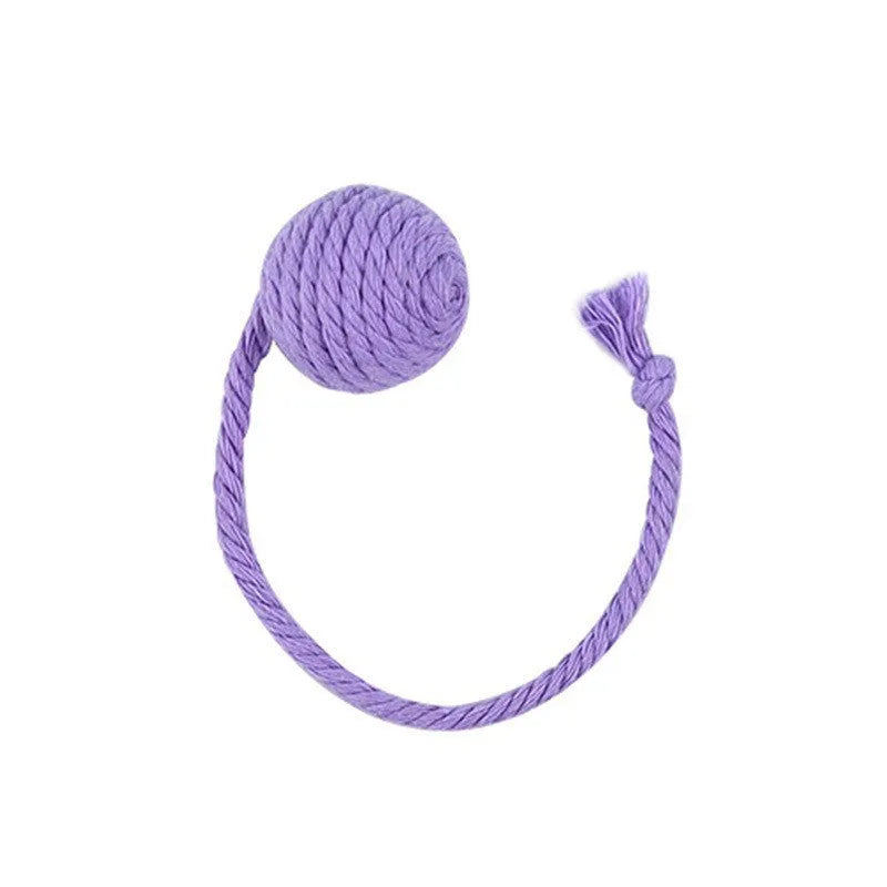 Cat toy ball with rope and bell in green pink purple yellow colours showing 3cm and 6cm size options