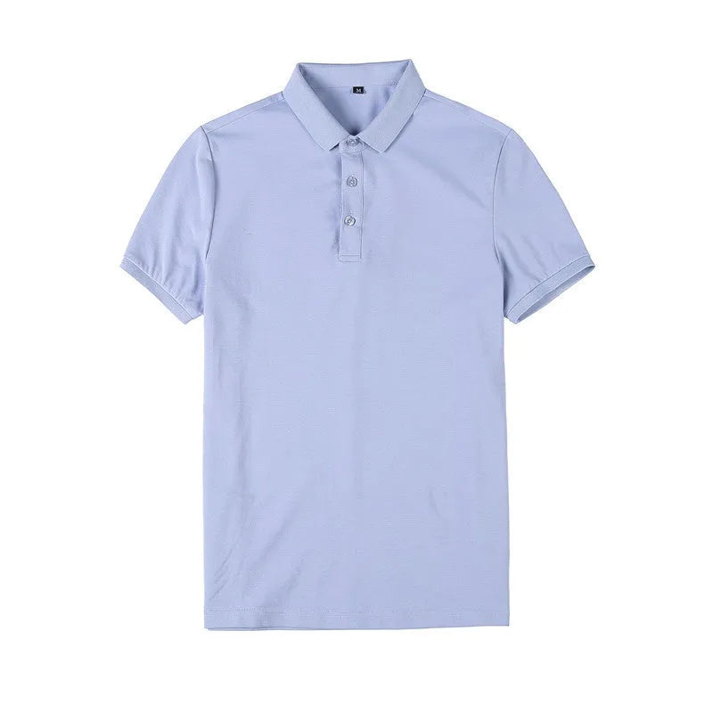 Solid colour cotton blend polo shirt with lapel collar and short sleeves in tight Korean fit.