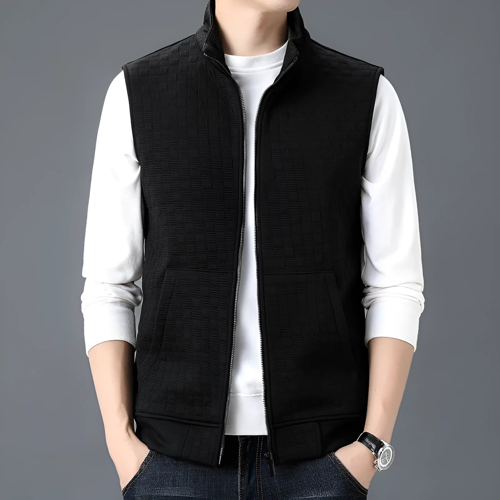 Casual sleeveless waistcoat vest in a cardigan style, shown in a neutral colour from the available selection.