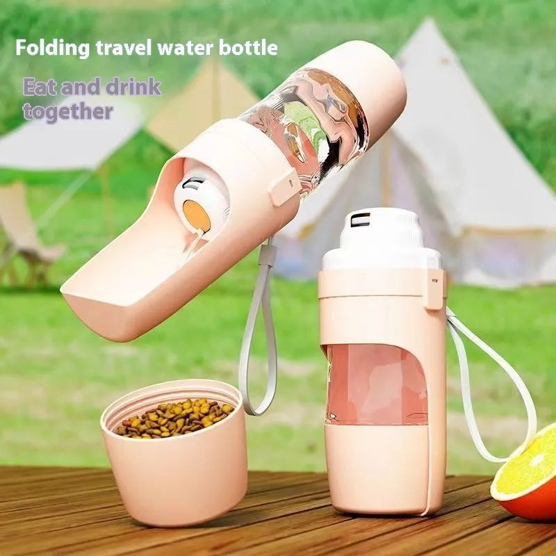 Green 2-in-1 travel dog water bottle with lanyard, showing water dispenser and food container compartments.