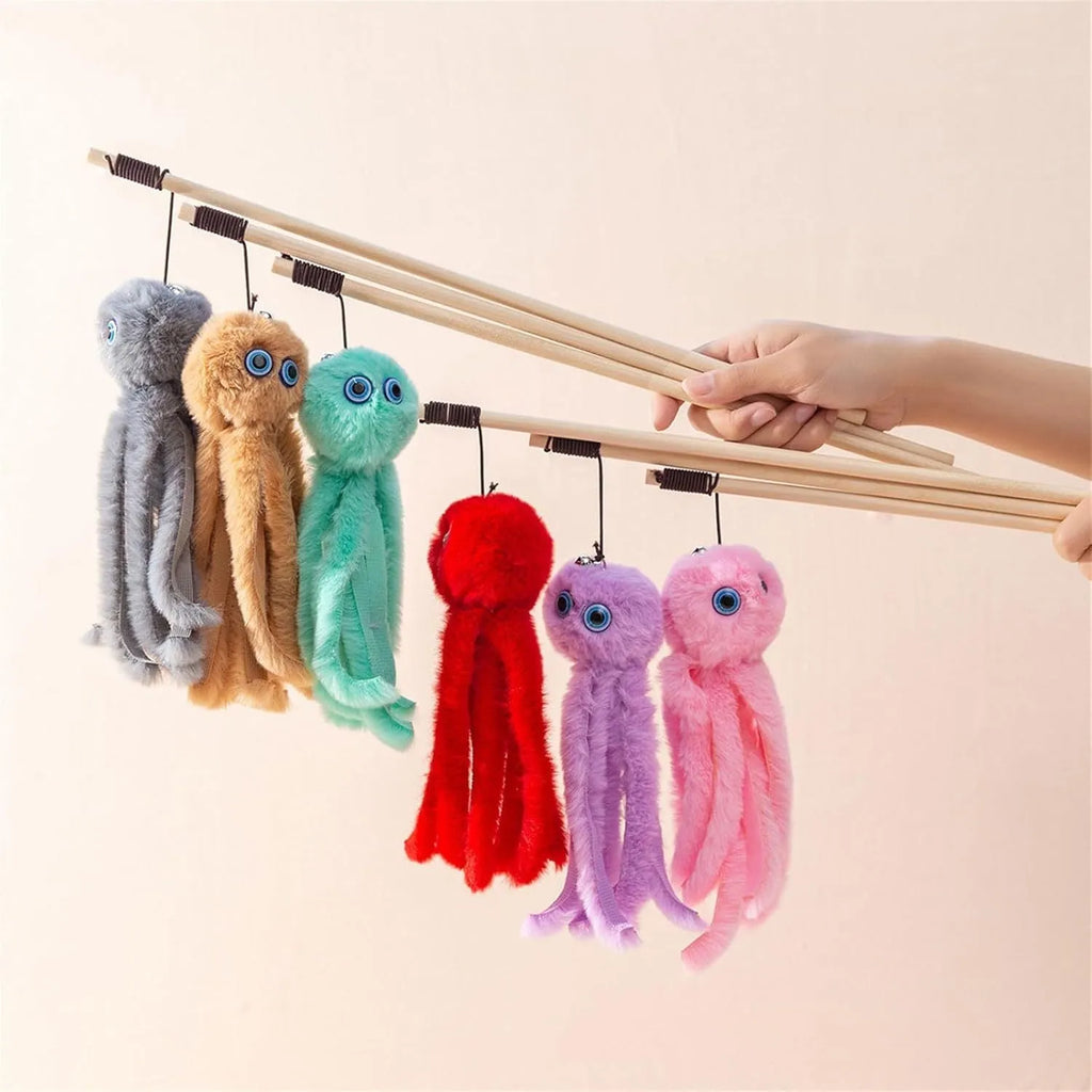 Octopus theme cat toy with long stick in bright colours for indoor kitten play