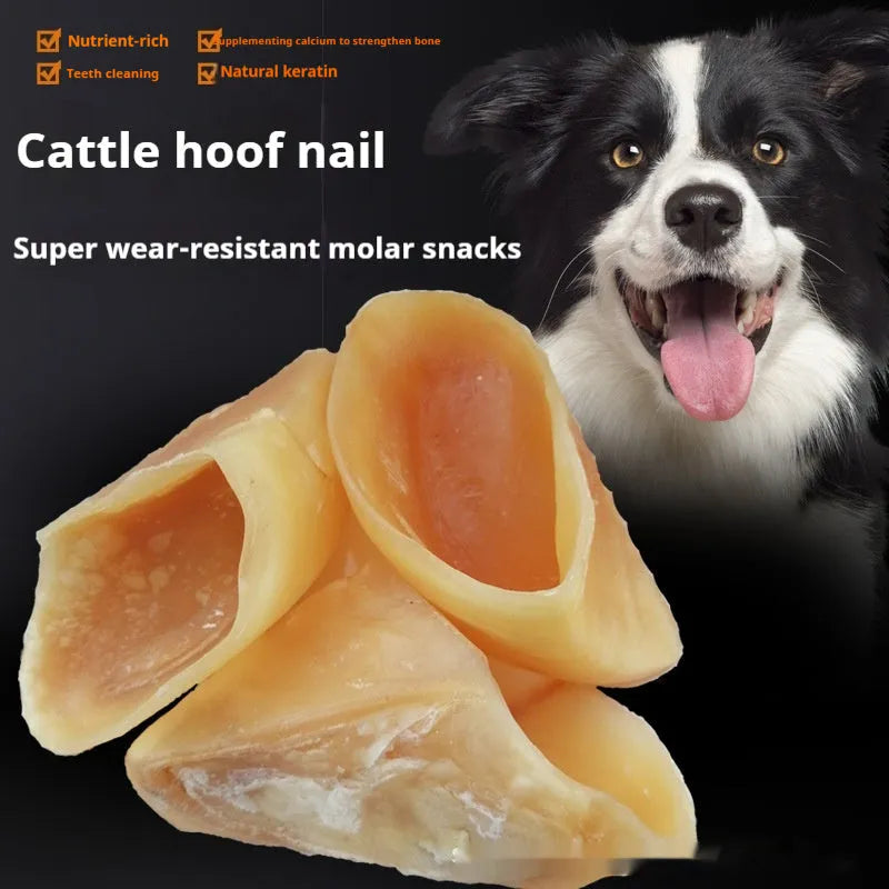 Natural cowhide dog chew toy with edible hoof shell, shown in small and large size options.