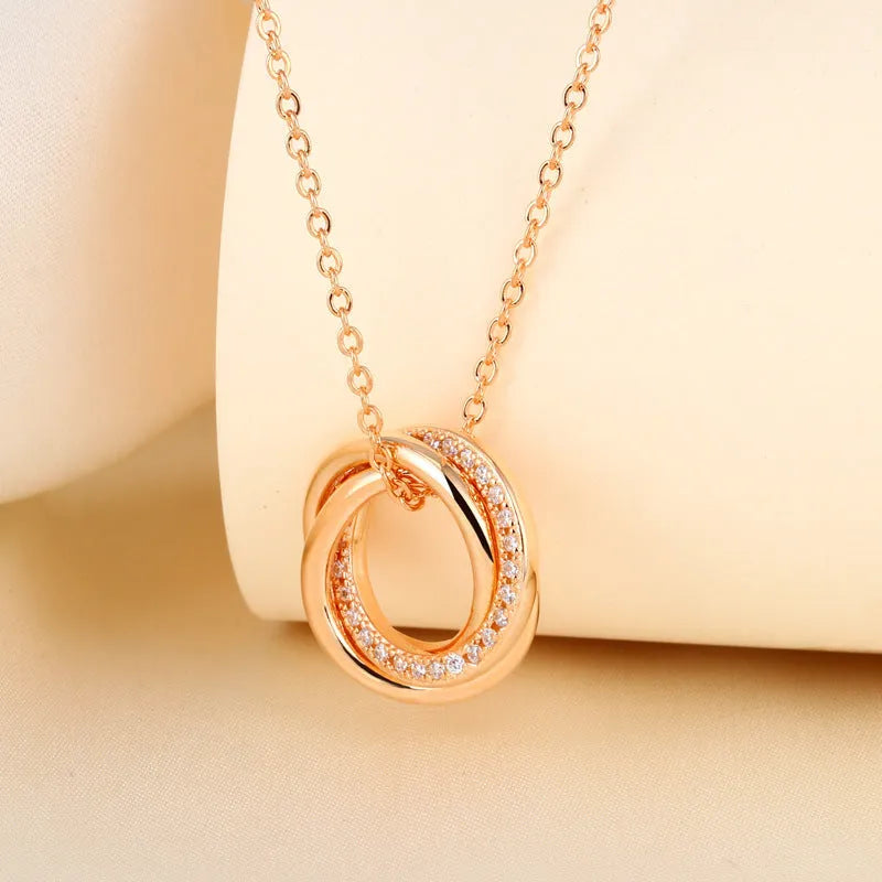 Seiko micro-inlaid interlocking circle necklace for women in champagne gold finish on copper pendant with 40.5cm chain