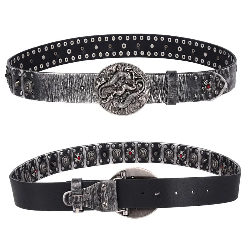 Men's black genuine leather belt with punk-style rivet detail on alloy buckle.