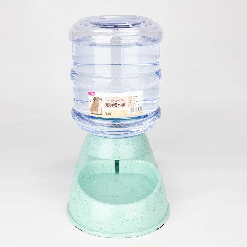 Automatic pet feeder and cat drinker set with plastic feeding trough and drinking trough in grey
