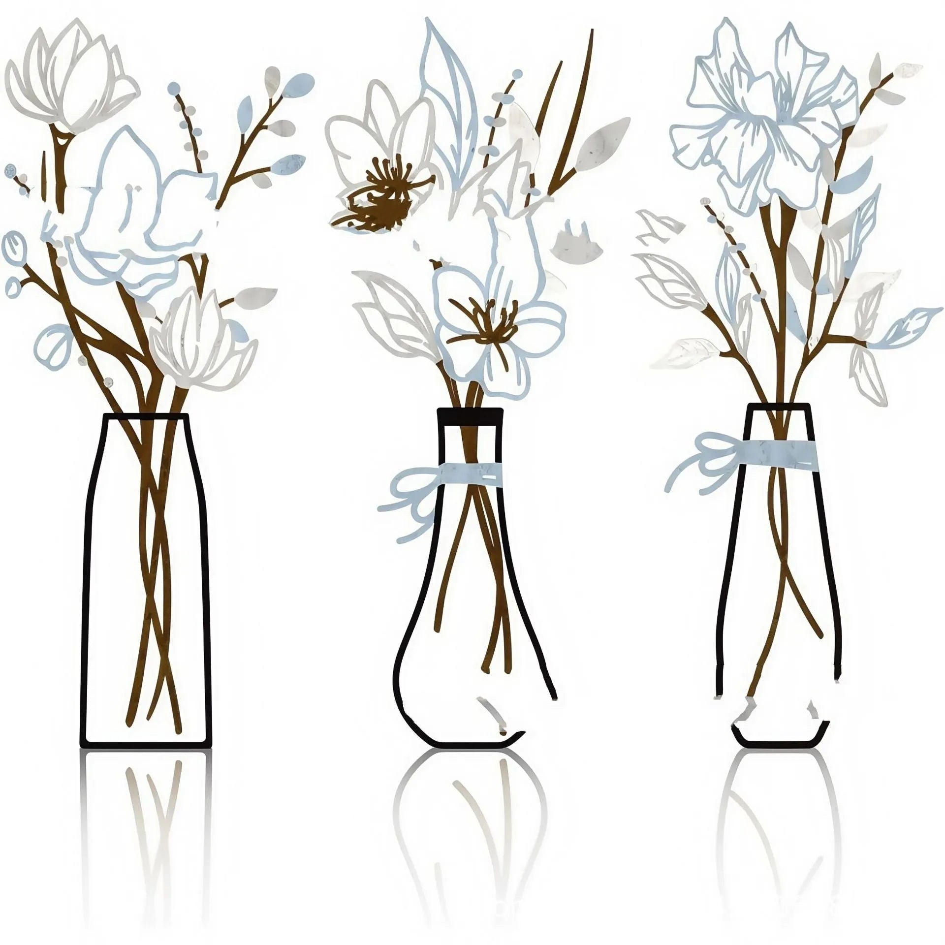 Set of three metal flower wall art decorations in modern style for country or farmhouse interiors.