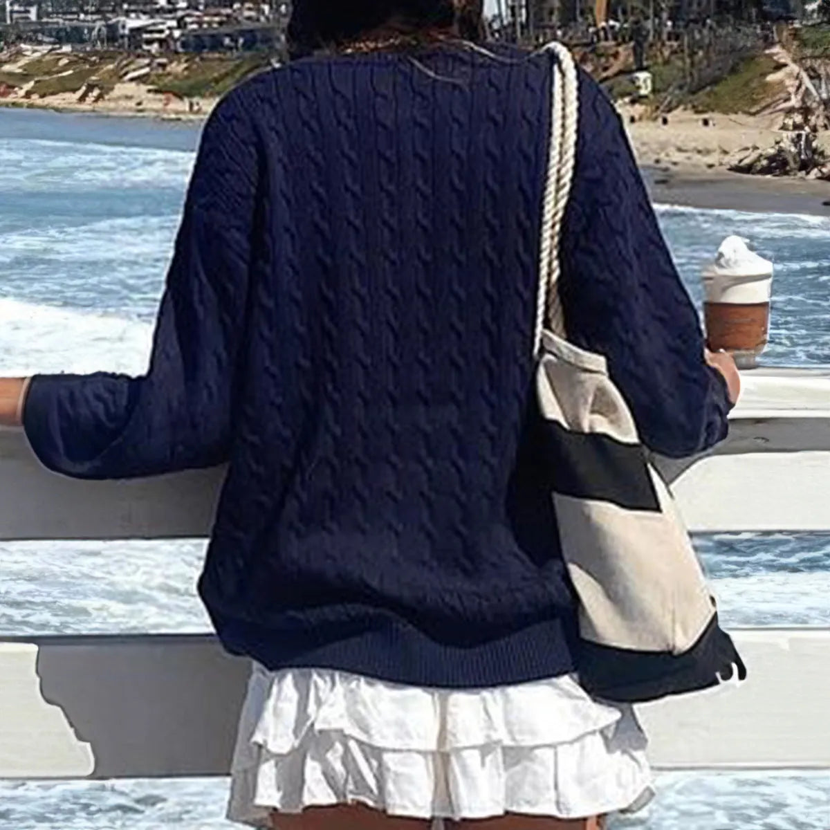Solid colour long-sleeved viscose knitwear top in navy blue for casual European and American style