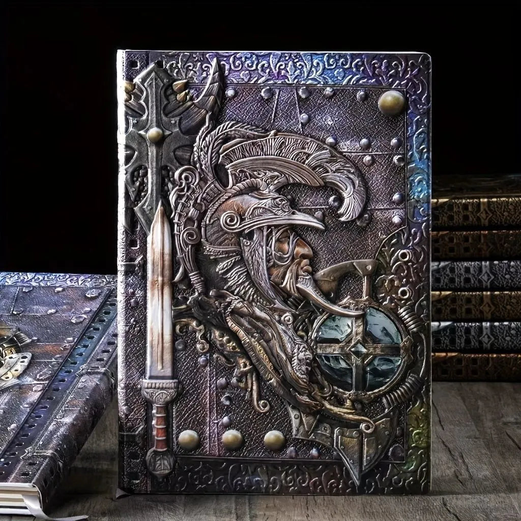 A5 leather notebook with an embossed 3D warriors relief design on the cover, shown open on paper pages.