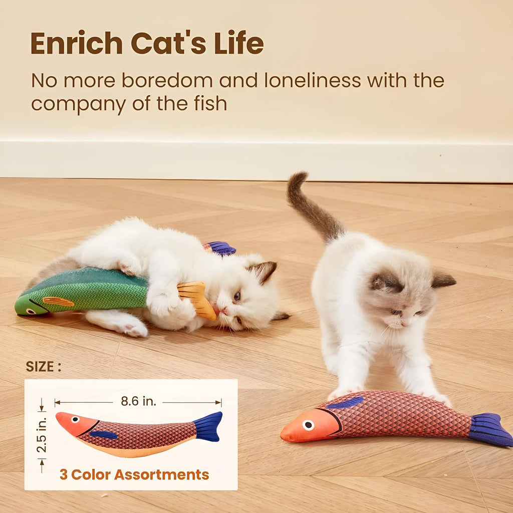 Catnip fish kicker toy in green, orange, or yellow with soft plush and cotton construction