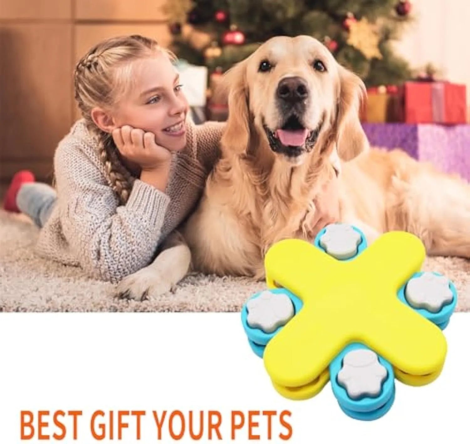 Yellow interactive dog puzzle feeder toy with rotating lids on a non-slip base