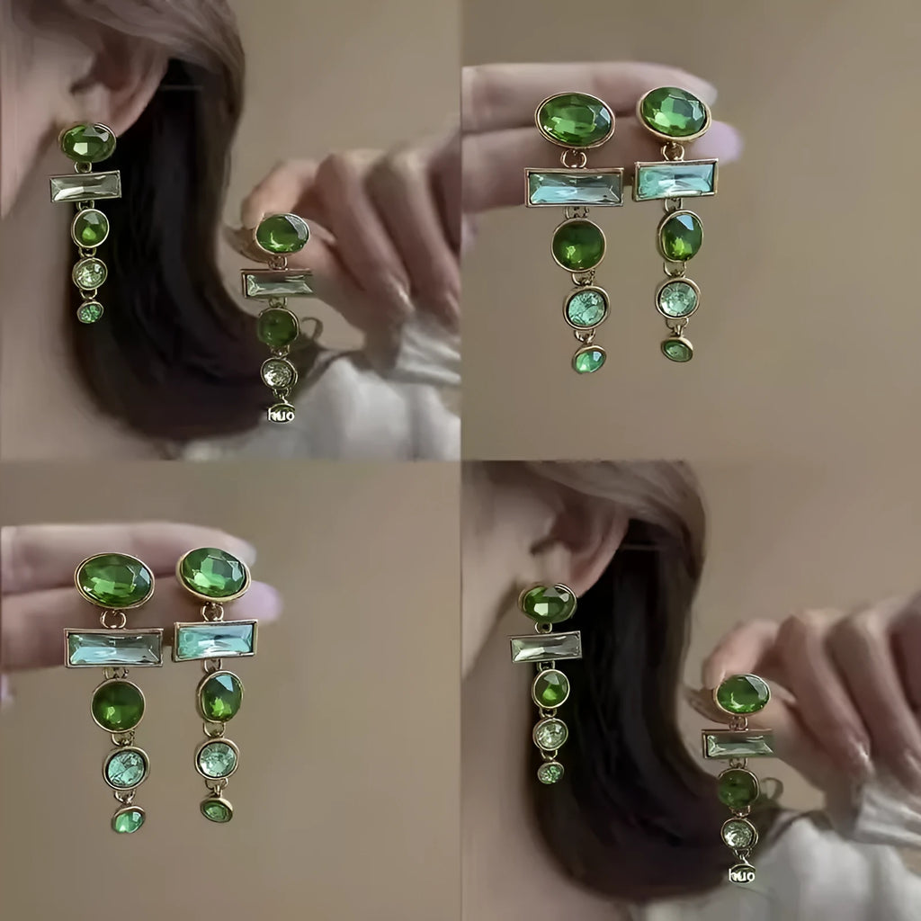 Green gradient tassel earrings with zircon inlaid detail and geometric Chinese retro style