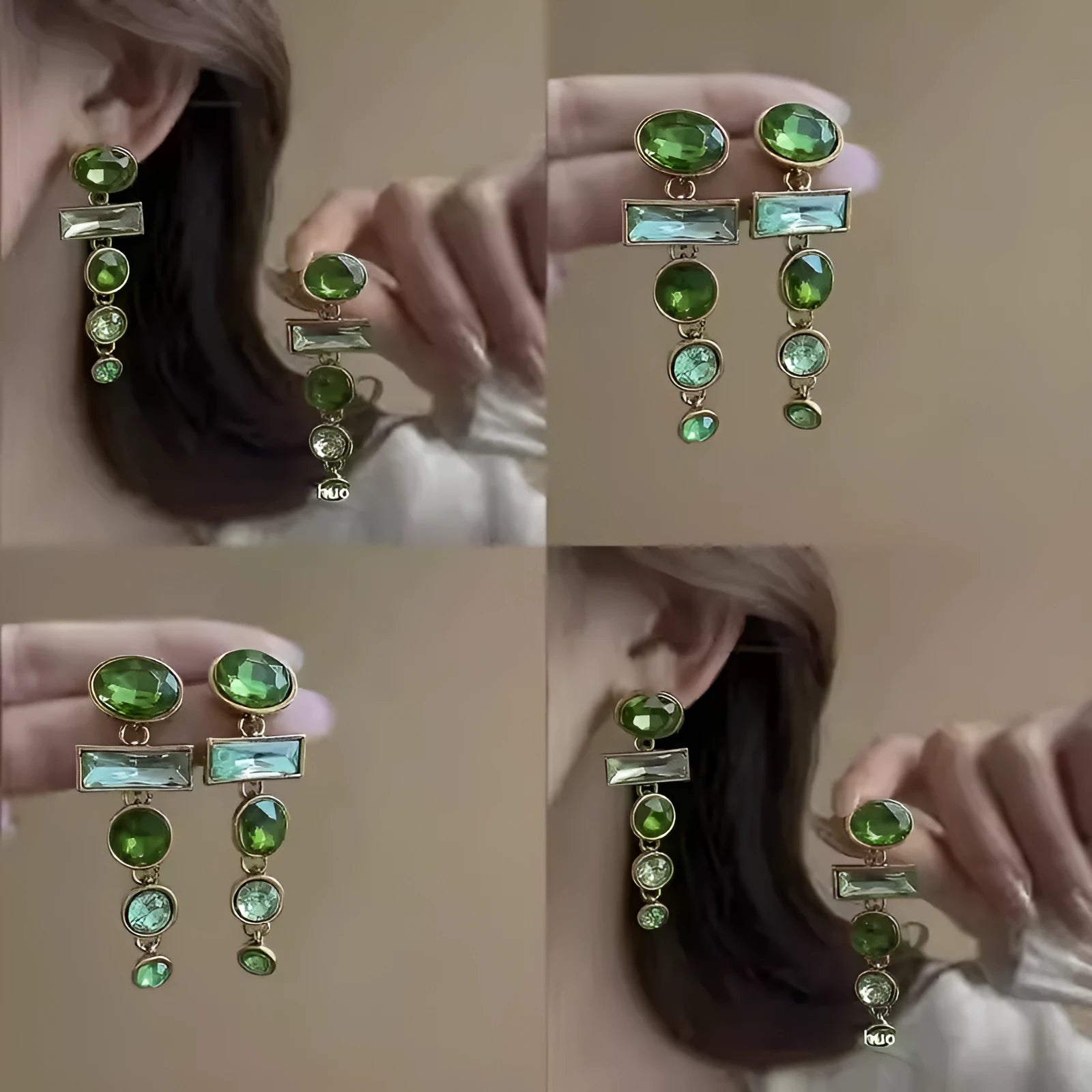 Green gradient tassel earrings with zircon inlaid detail and geometric Chinese retro style