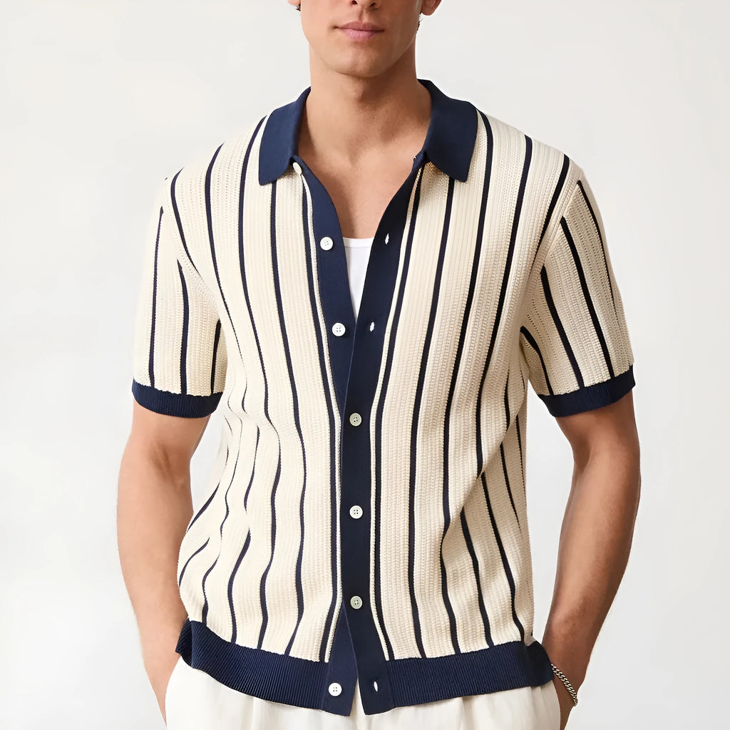 Men's white asymmetric lapel knitted short sleeve top laid flat.