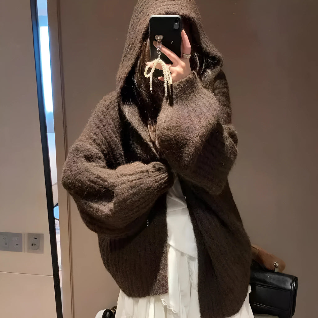 Women's dark grey retro hooded cardigan with thick knit and loose fit, shown open as a sweater.