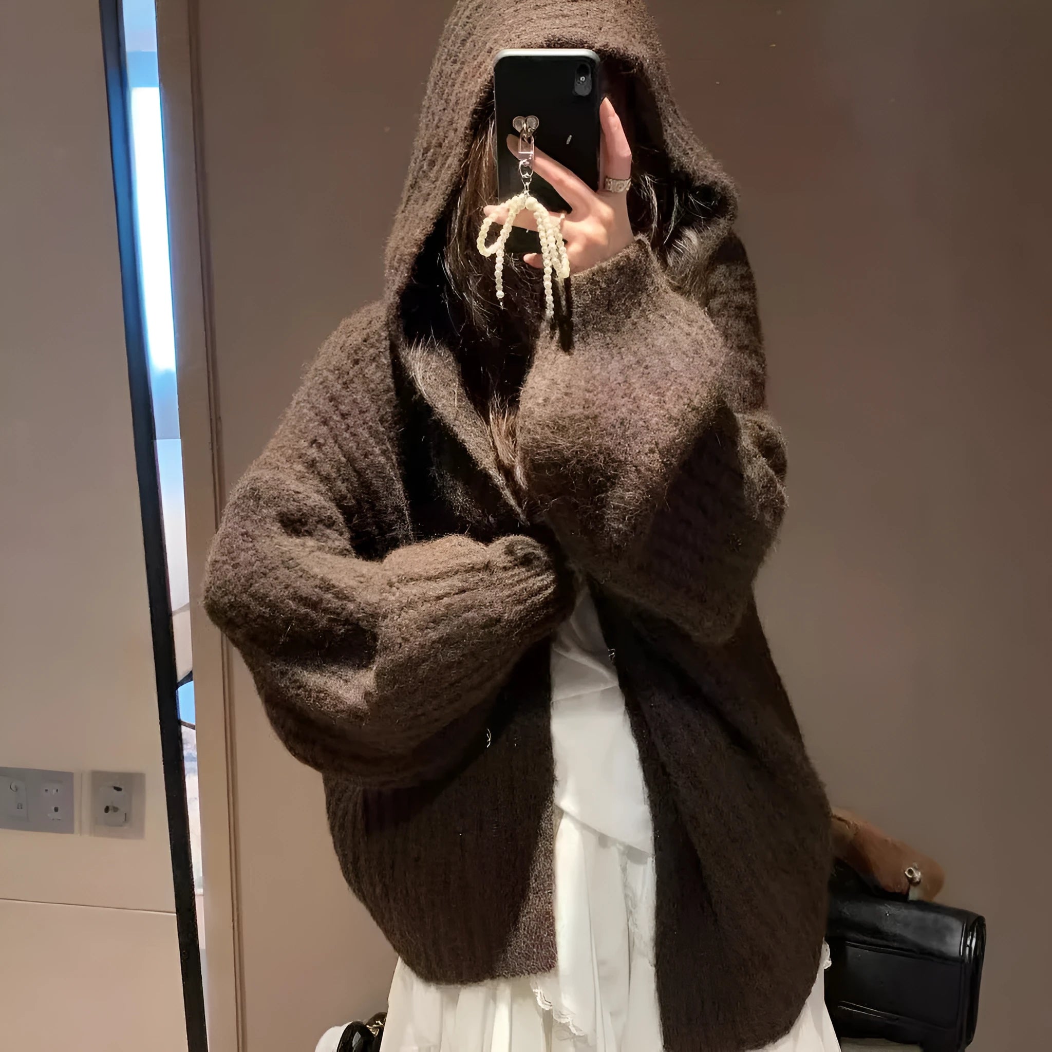 Women's dark grey retro hooded cardigan with thick knit and loose fit, shown open as a sweater.